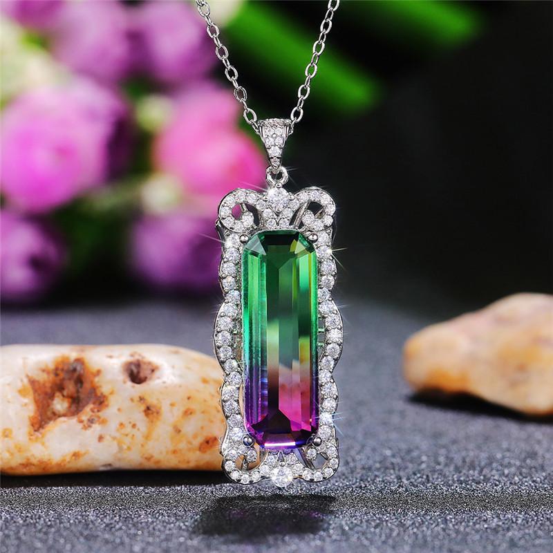 Silver Plated Baguette Cut Gradient CZ Pendant Necklace, Ornate Scrollwork Frame Cable Chain Necklace for Women
