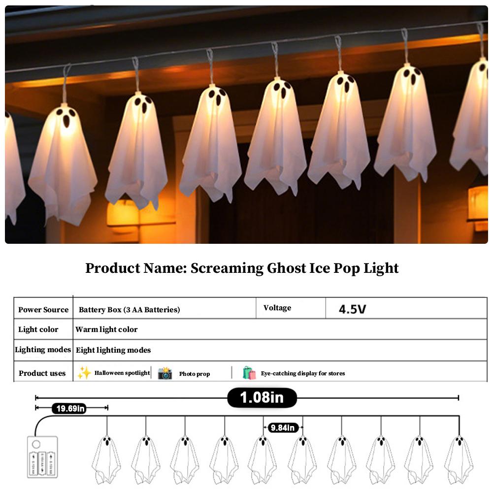 10Pcs Spooky Ghosts String Lights W/ 8 Light Modes LED Ghost Battery Operated Halloween Lights for Indoor Outdoor Party