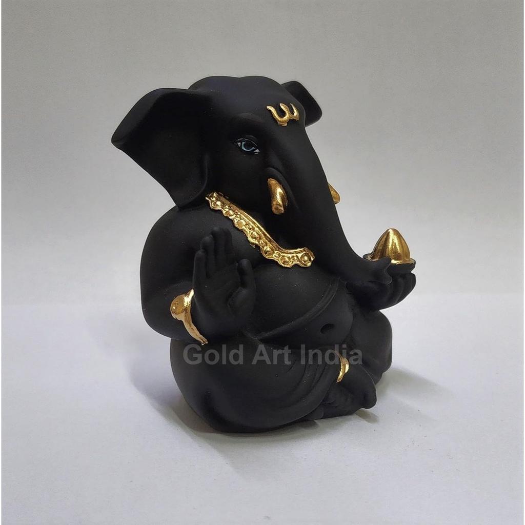 Black Terracotta Appu Ganesha with Gold Color Work for Car Dashboard Home Decor Gifting Diwali Birthday Festivals 3 x 2 Inches