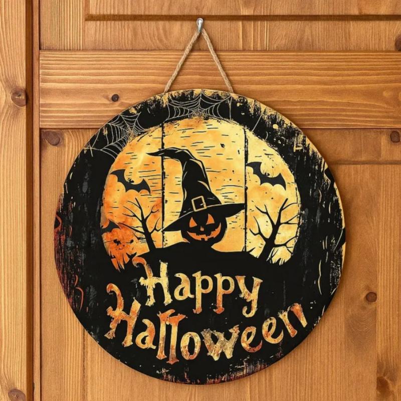 1Halloween Pumpkin Witch Round Plate Hanging Sign Restaurant Hanging Sign Wooden Party Home Window Wall Door Hanging Ghost House