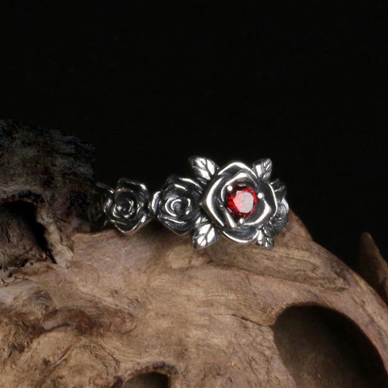 Retro Red Heart Rose Ring For Women Dark Gothic Vintage Open Ring Punk Rock Hiphop Accessories Designer Zircon Love Unisex Gift