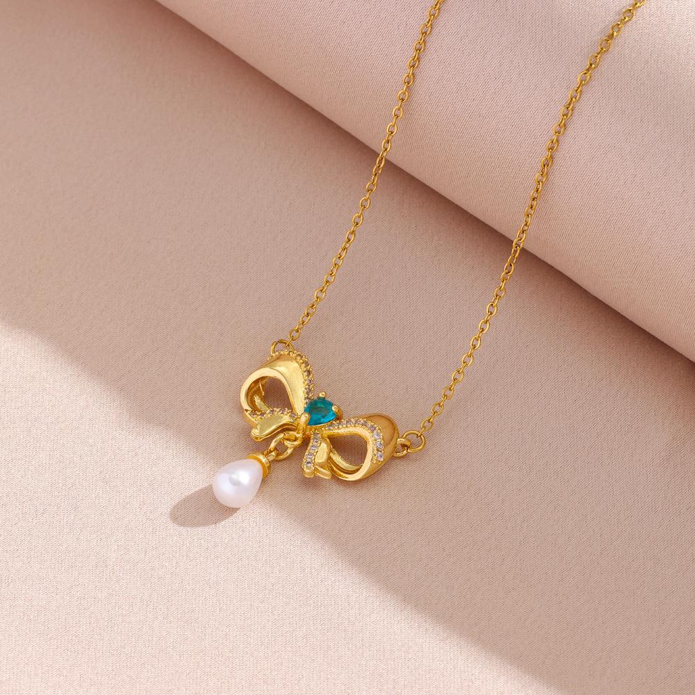 Live Temperament Light Luxury Tassel Pearl Bow On the Run Princess Titanium Steel Necklace High Sense Clavicle Chain Women