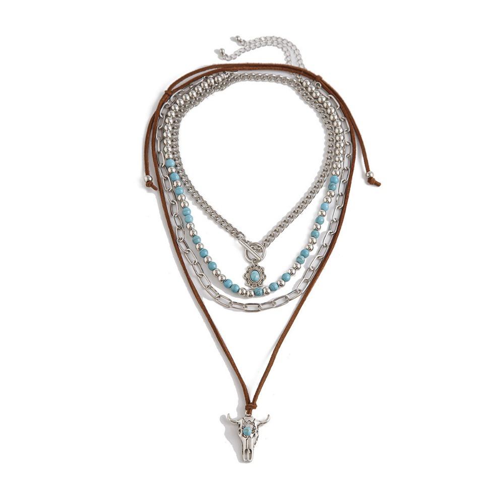 Evropský a americký retro imitace tyrkysu hlava krávy klíční kost exotický etnický styl kaktus kovbojský klobouk vrstvený s korálkovým náhrdelníkem