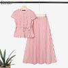 ZANZEA Women Short Sleeve Blouse and Long Skirts Stripe Print Two Piece Suit Sets