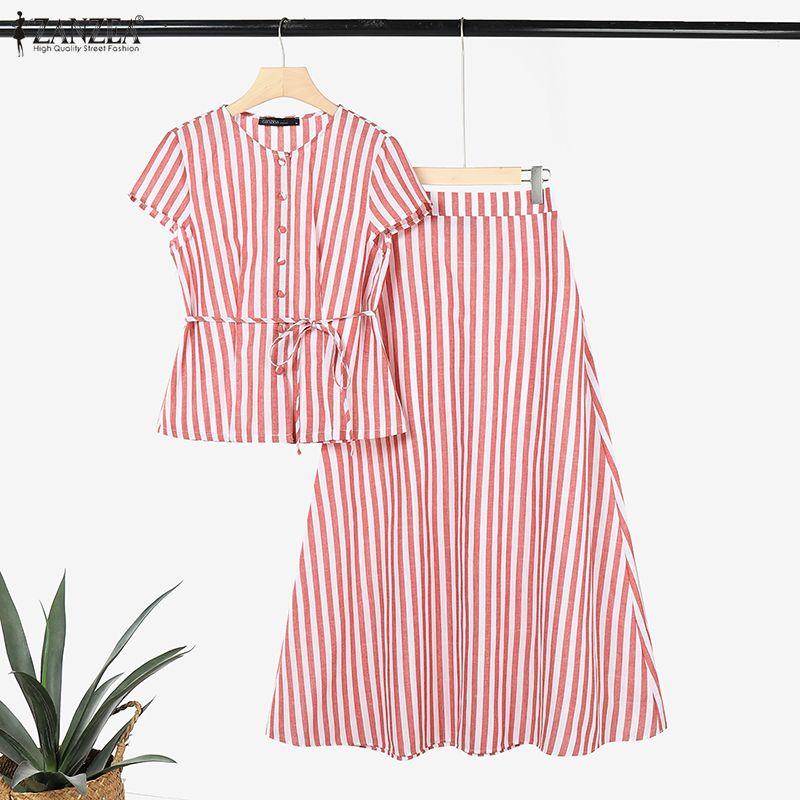 ZANZEA Women Short Sleeve Blouse and Long Skirts Stripe Print Two Piece Suit Sets