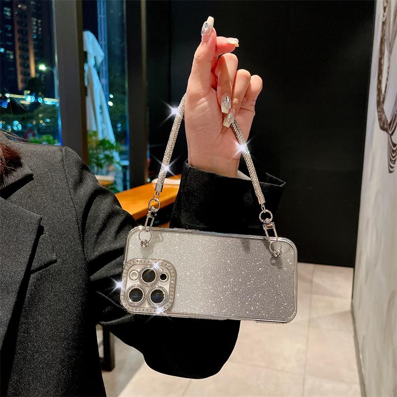 For iPhone 16 Pro Max Luxury Flash Diamond Chain Plating Frame Phone Case For iPhone 11 12 13 14 15 Plus Lens Protective Cover