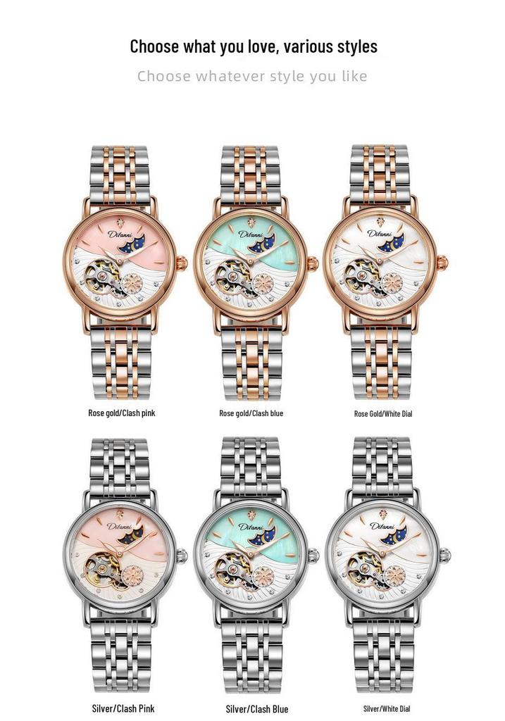 Genuine Automatic Mechanical Waterproof Watch for Women - Trendy Multi-Functional with Day, Date, Month, Year, and Starry Design.