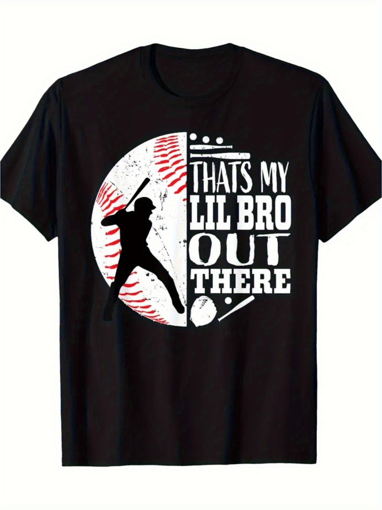 Black Baseball Graphic T-shirt  That s My Little Brother Out There  - Sporty Cotton Tee with Player Silhouette & Stars Design M