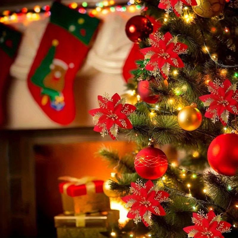 Artificial Flowers with Glittering Double Layer Layered Tree Decorations with Lush Green Foliage New Year Tree Toppers Reusable Holiday Decorat