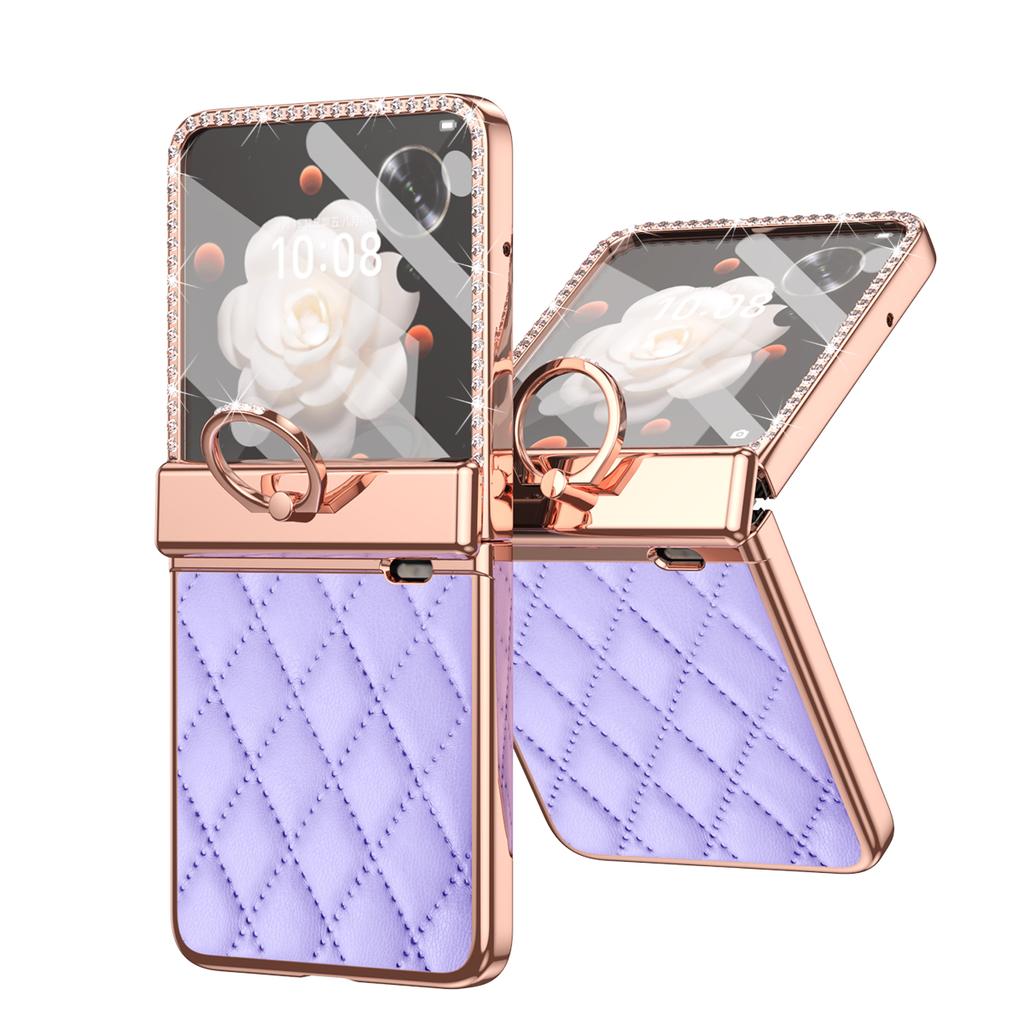 For Honor Magic V Flip Luxury Plating PC+Leather Hinge Full Body Cover Build-in Glass Front Film Shockproof Case