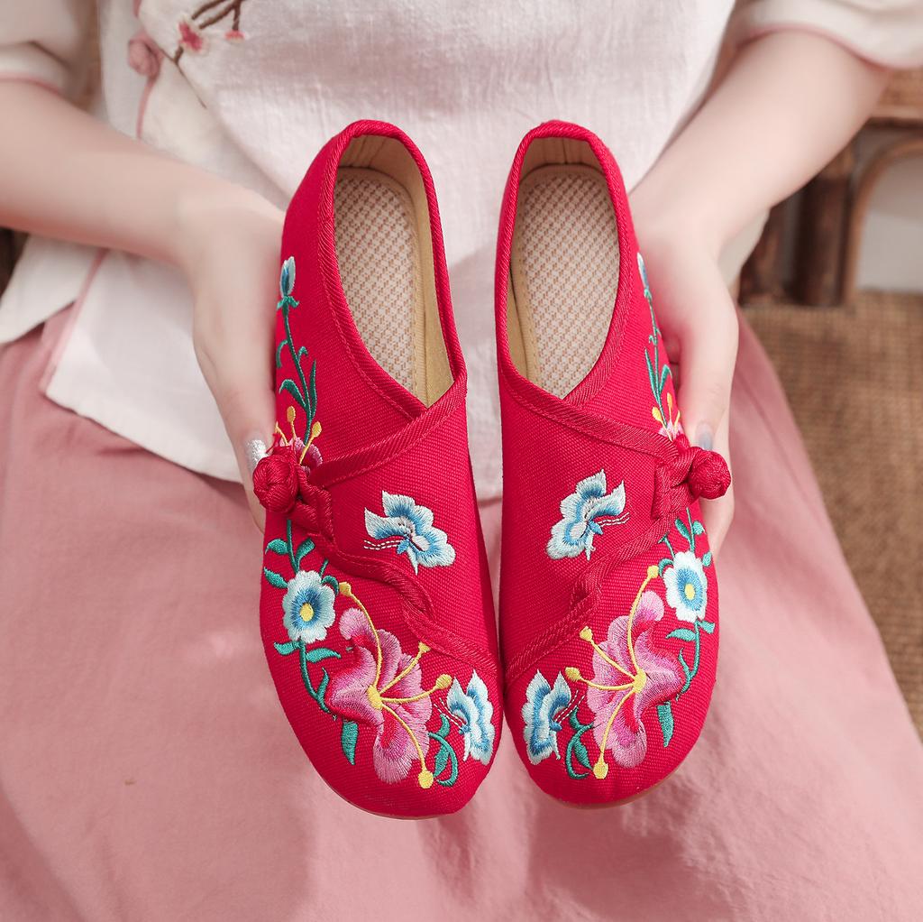 Prunkwinde Prunkwinde Blume Stickerei Blume runder Kopf Frühling und Herbst Damenschuhe Einzelne Schuhe Canvas bestickte Stoffschuhe