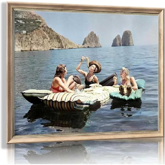 LTTAMRY Vintage Picnic Wall Art Women Eating Pasta On Lake Poster Retro Picnic Painting Print Vintage Women On Lake Photography Art Fashion Art 12L x 16W