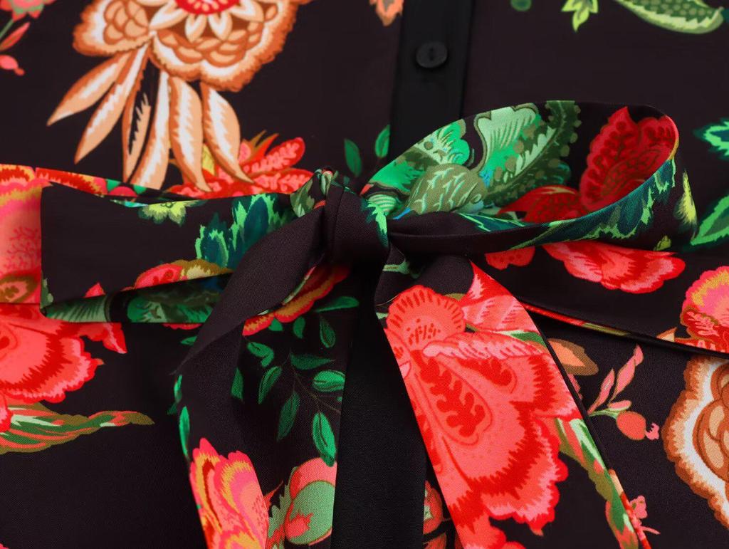 2025 Spring Women's Casual European & American Style Print Tie-Waist Long Dress