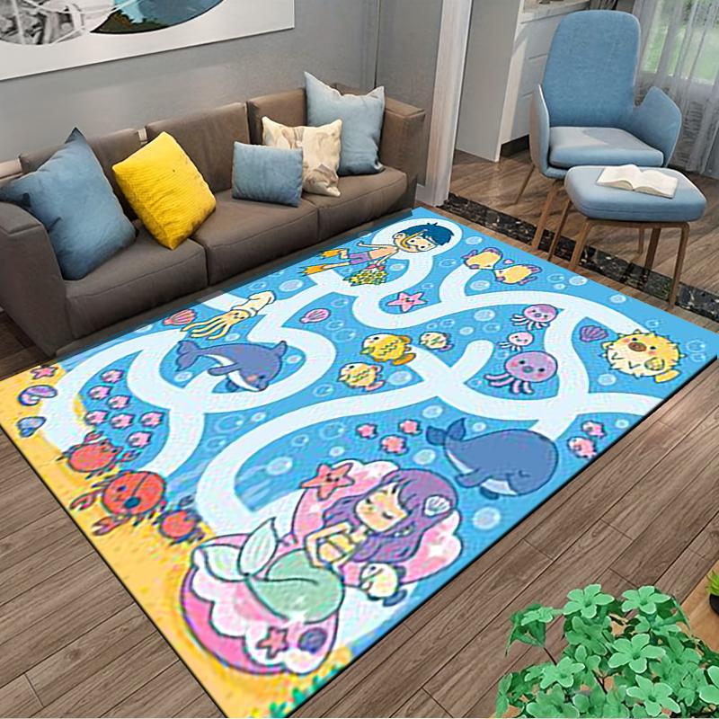 Cute Ocean-Themed Carpet with Mermaid, Dolphin, Fish, and Sea Life Suitable for use as an anti-slip for living room bedroom sofas