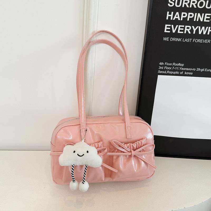 Fashion Faux Leather Shoulder Bag with Cute Cloud Charm Handbag, Bow Accent Multi Pocket Design, Casual Underarm Purse for Daily