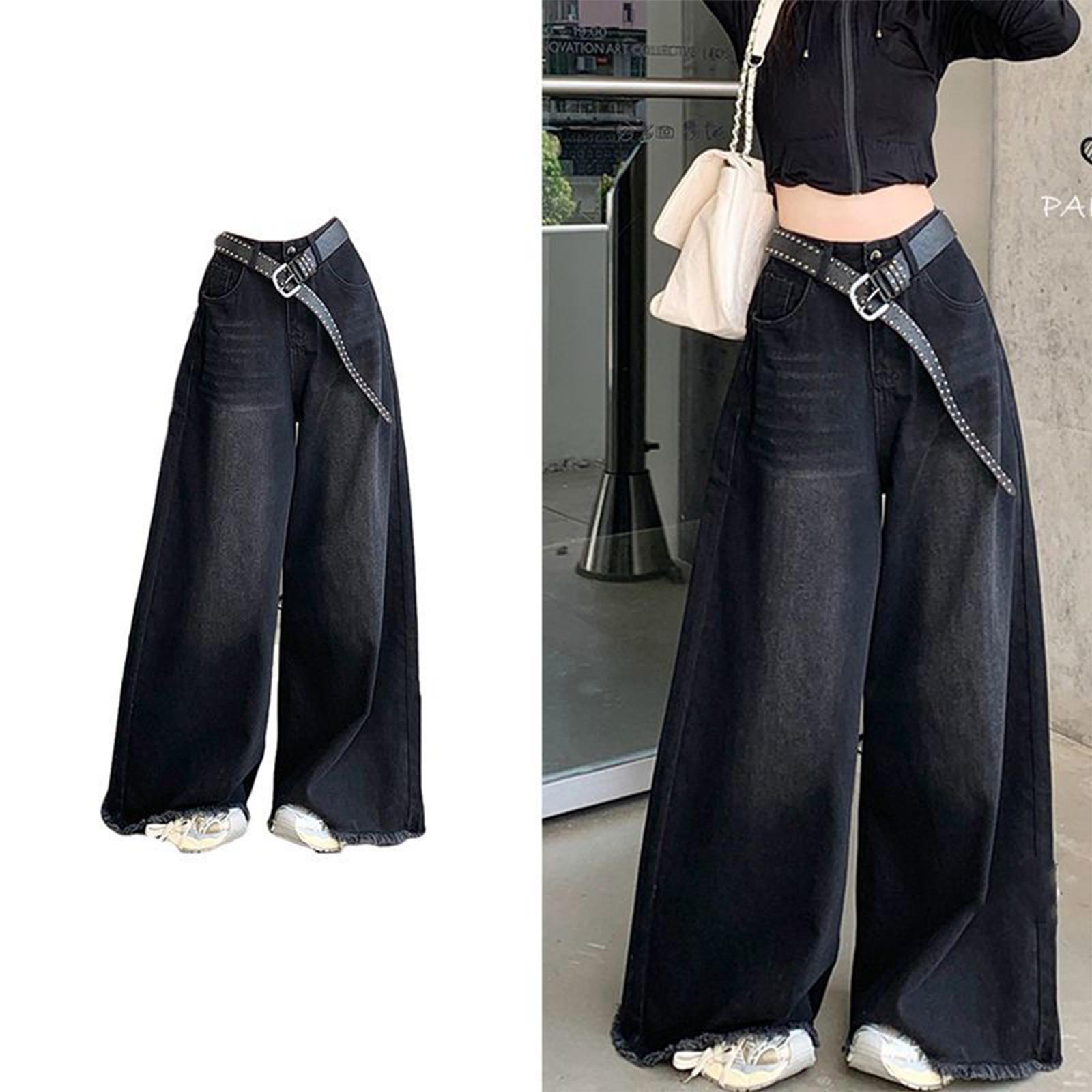 

Весенние Ретро Черные Джинсы с Широкими Штанинами с Бахромой для Женщин S чёрный