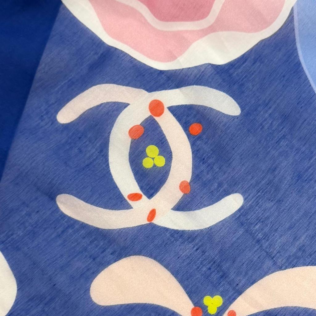 Excellent CHANEL COCO Mark Floral Print Large Pareo blue cotton Women G19 Used