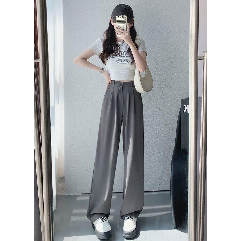 

Весна Осень Женские Офисные Брюки Слим Прямого Узкого Кроя С Высокой Посадкой Брюки с Широкими Штанинами XL серый