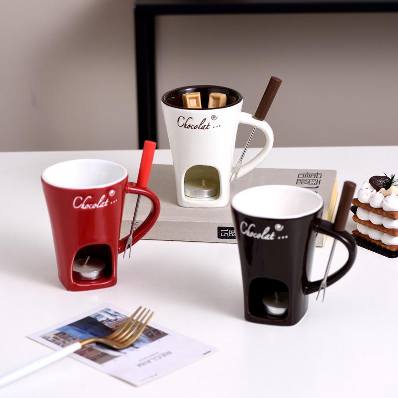 130ML Sweet Chocolate Fondue Cup,Creative Ceramic Mug for Home Party,Chocolate Cheese Melting Supplies with Fork for Kitchen