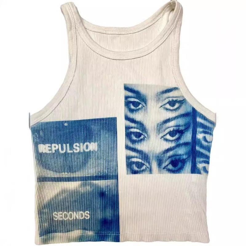 European and American Women's Retro Printed Spicy Girl Slim Fit and Versatile, Revealing Navel Short Top, Trendy American Niche Tank Top