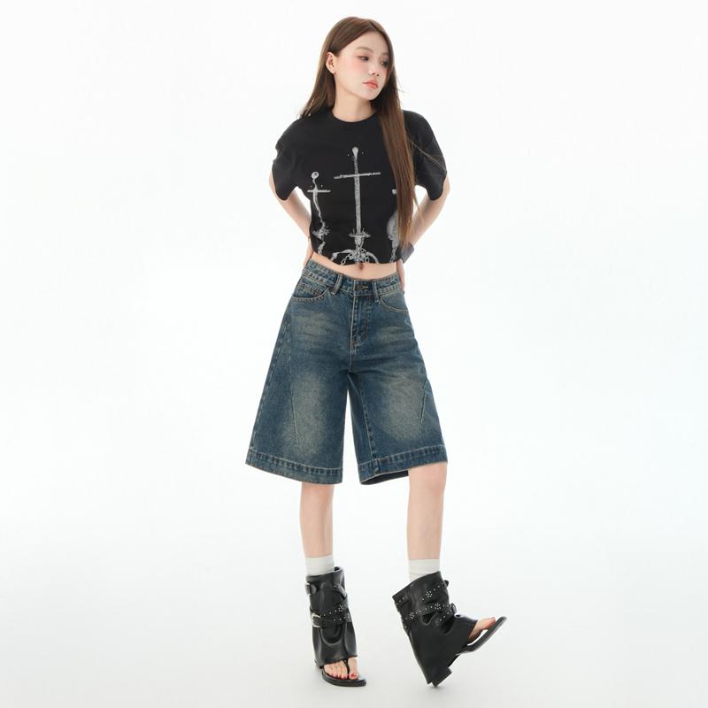 Retro Spicy Woman Cropped Denim Shorts Women'S Summer Low Waisted Loose Design Straight Five-Point Pants