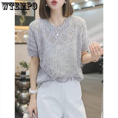 Knitted Sweater Short Sleeved T-shirt for Women Summer Round Neck Thin Loose Top