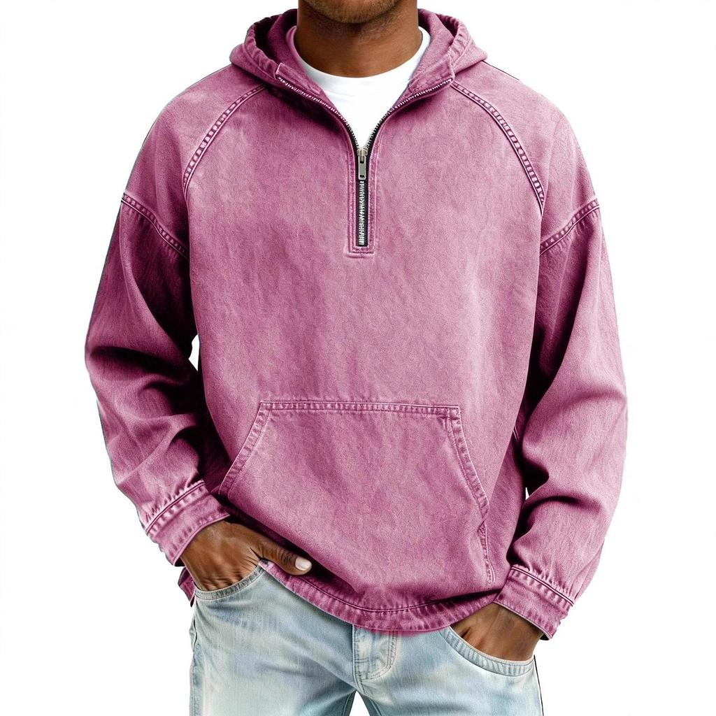 Men's Distressed Retro Long Sleeve Hooded Zip-Up Hoodie