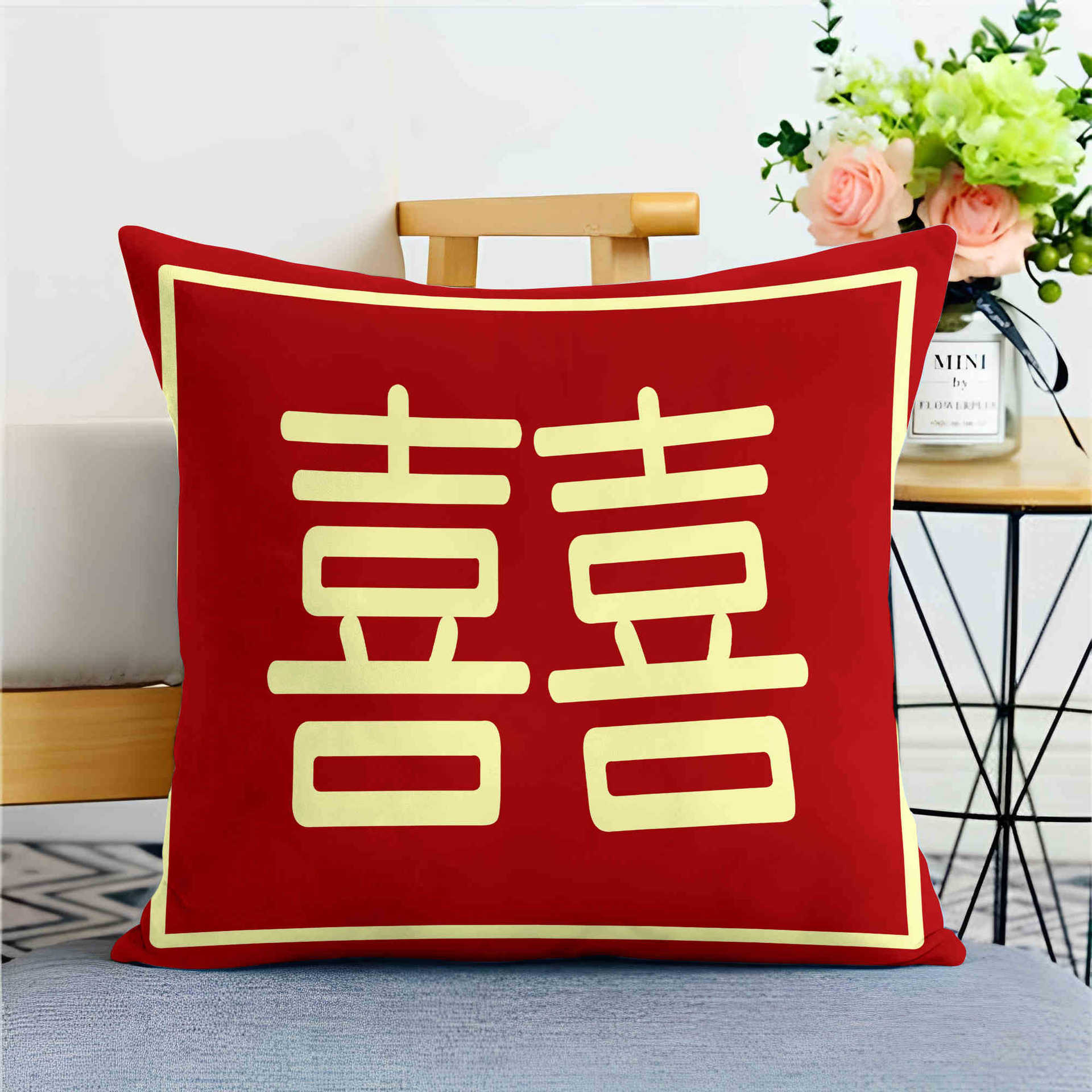 

Свадебная подушка Праздничная подушка для свадебной комнаты Свадебный подарок Подушка в китайском стиле Прикроватная подушка Красная наволочка linen-45x45cm double-sided [without pillow core]