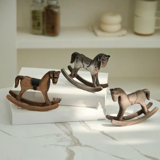 Yousheng Wooden Rocking Horse Figurine Vintage Wood Carving Pony Statue Sculpture Home Office Desktop Decoration Ornament