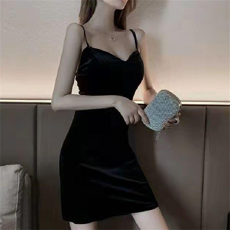 Women's French-Style Gold Velvet Bodycon Camisole Dress - Slim Fit, Figure-Flattering, Summer Hot Girl Short Skirt