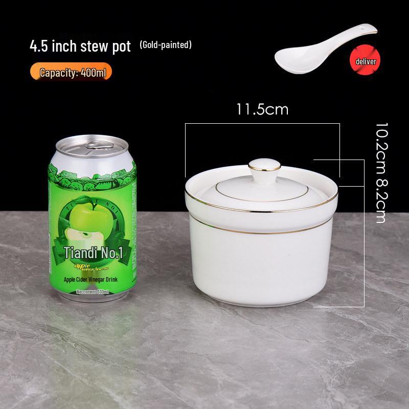 Pure White Ceramic Water-Bath Stew Pot with Gold Rim - Hotel & Commercial Grade, Ideal for Chinese Shaxian, Bird's Nest, and Steam Egg Dishes.