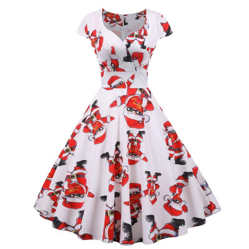 Spring New New Christmas Style V Neck Short Sleeve Print Mid Length Long Length Dress Dress Christmas Dress