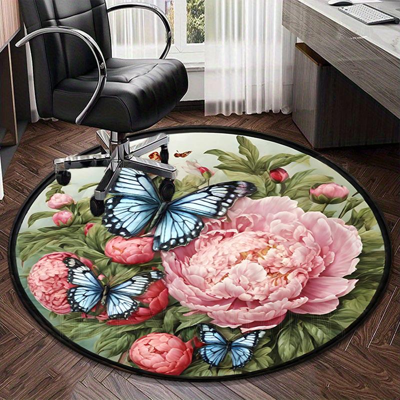 Pink Roses And Butterflies round carpet Chair cushion Round Entryway Rug, Soft Round Rugs for Living Room, Bedroom, Circle Carpet decor gifts