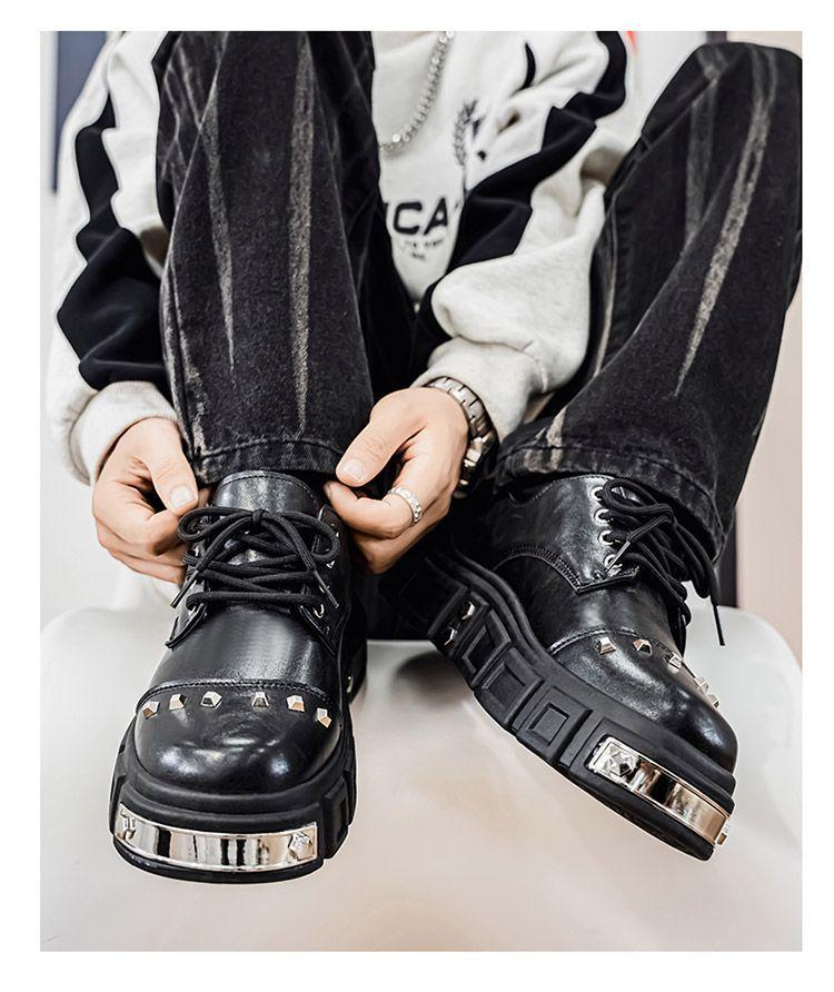 2025 Autumn Men's Black Derby Shoes - Korean Style Trendy Casual Leather with Height Increasing Thick Sole