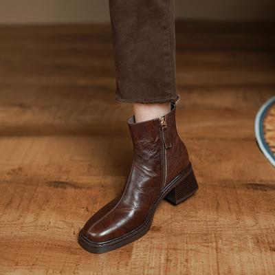 Francuskie retro kwadratowy nosek średni obcas gruby obcas klamra z paskiem krótkie botki kobiecość zamek boczny brytyjskie retro i botki do kostki