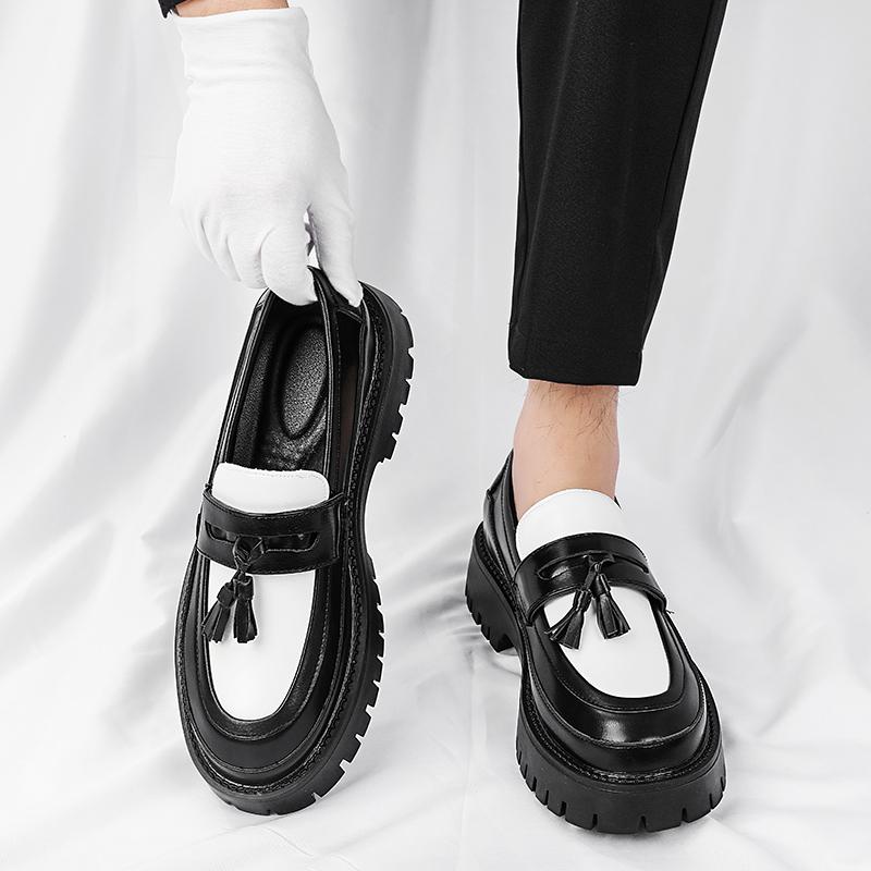 2026 Function Men's Platform Loafers - Black White Tassel Casual Shoes with 3-5CM Height Increase Sole for Business & Daily Wear