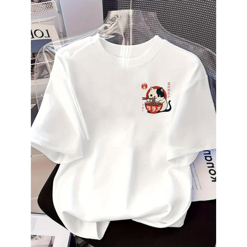 Cat Eating Ramen, Japanese Cuisine Print Tshirt Short Sleeve Crew Neck Casual Top for Summer Spring, Women's Clothing
