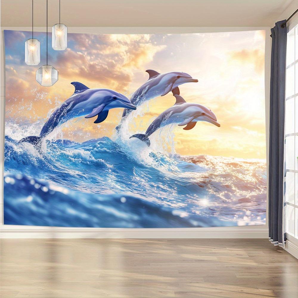 Sonnenuntergang Delfin Wandteppich, Springende Delfine in Blauen Meereswellen, Großartig für Wohnzimmer Schlafzimmer Wanddekoration im Küstenstil