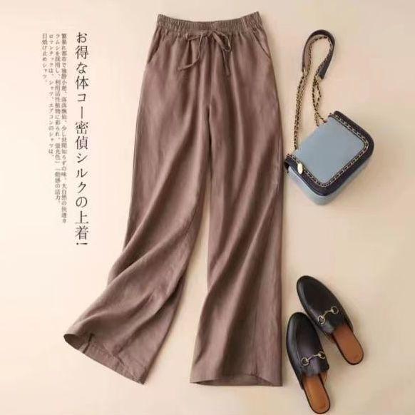 Bavlněné a lněné široké zkrácené kalhoty na léto Dámské volné s vysokým pasem Rovné ležérní kalhoty