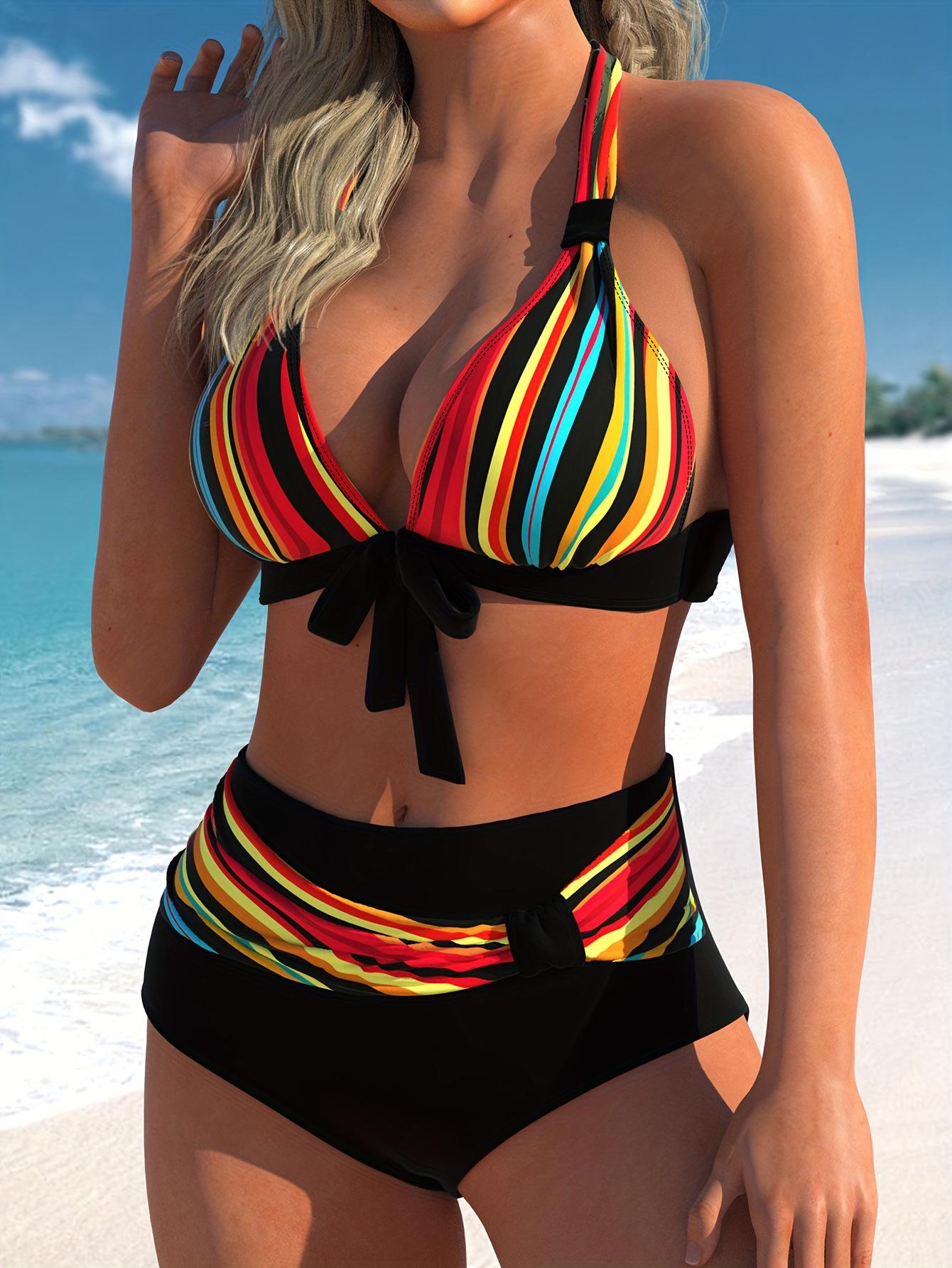 2025 European Striped Push-up Backless Women s Holiday Bikini XL