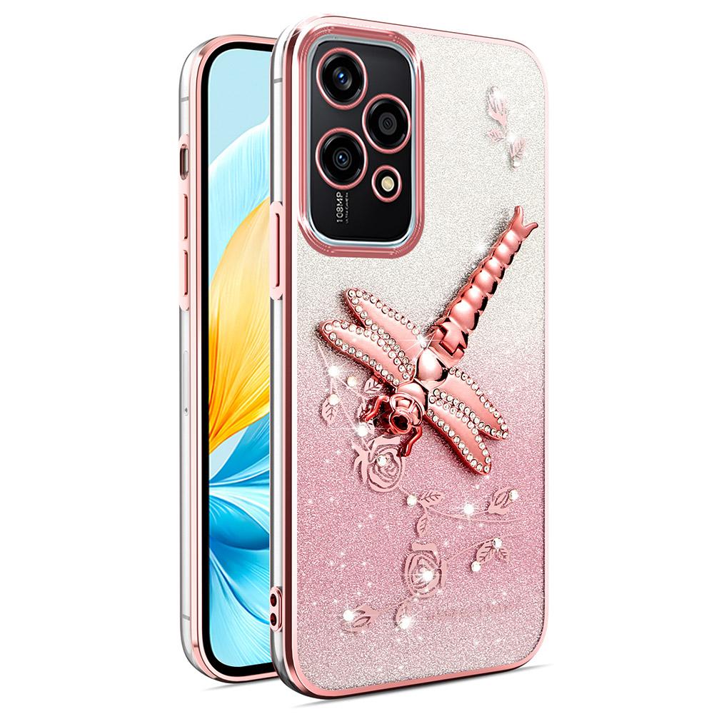 For Honor 200 Lite Case Dragonfly Kickstand TPU Flowers Glitter Phone Cover