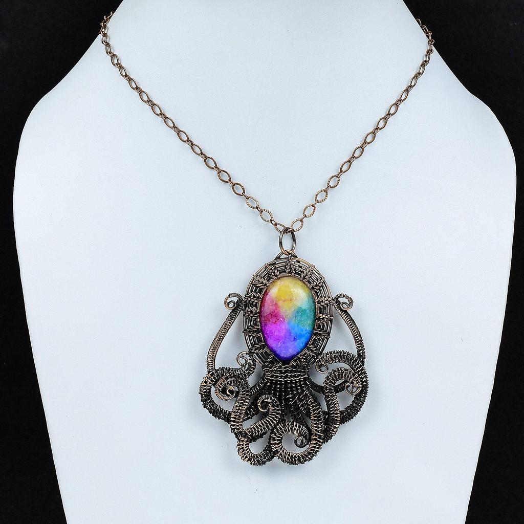 Rainbow Solar Quartz Druzy Pendant Copper Wire Wrapped Pendant Handmade Copper Jewelry Amazing Octopus Pendant Gemstone Jewelry Gift For Mom