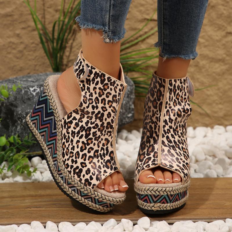 Fashion Sexy Leopard Super High Heel Sandals Women 2025 Summer Bohemia Chunky Platform Wedge Heel Velcro Sandals Fashion Beach Shoes