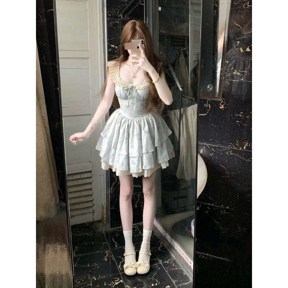 Summer first love sweet wind small flying sleeves lace splicing dress waist princess puffy short skirt floral waist
