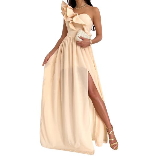 Sleeveless Side Split Flowy Hem Elegant Dress Sexy Skew Collar Ruffle Decor