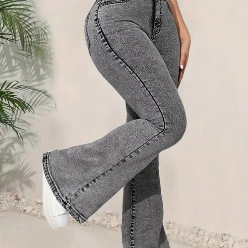 Dark Grey Women s Jeans Slim Slim-fitting Multi-functional Design High-rise Bell Bottoms S серый
