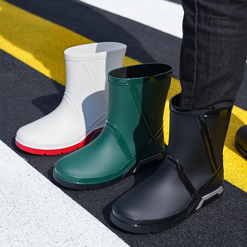 Fashion Men Rain Boots Mid-Calf Length Non-slip Waterproof Rain Boots Car Washing Fishing Leisure Work Rubber Shoes with Cotton