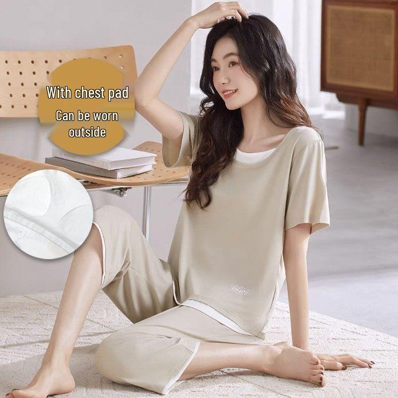 Modal Pajama Bra Pad Set: Summer Short Sleeve Top & Seven-Point Pants - Loose, Cool, Thin Home Wear, Suitable for Outdoor Use.