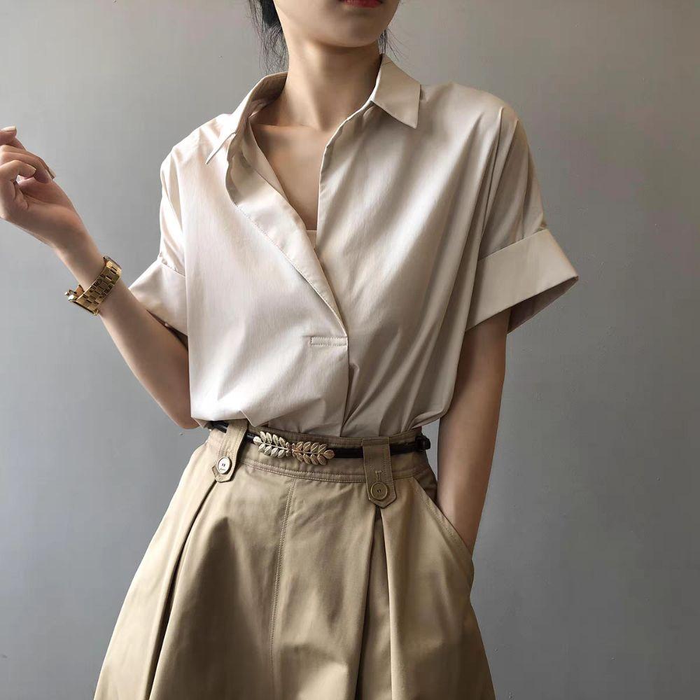 Crop Top Flip Collar T-shirt V-neck Basic Tees Shirts Women Fashion Short Sleeve Blouse Holiday