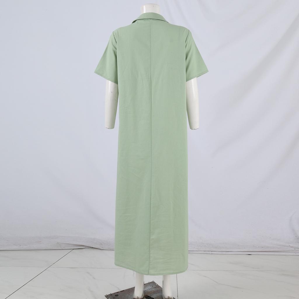 Women's Fashionable Solid Color V Neck Short Sleeved Button Loose Pullover Shirt Dress